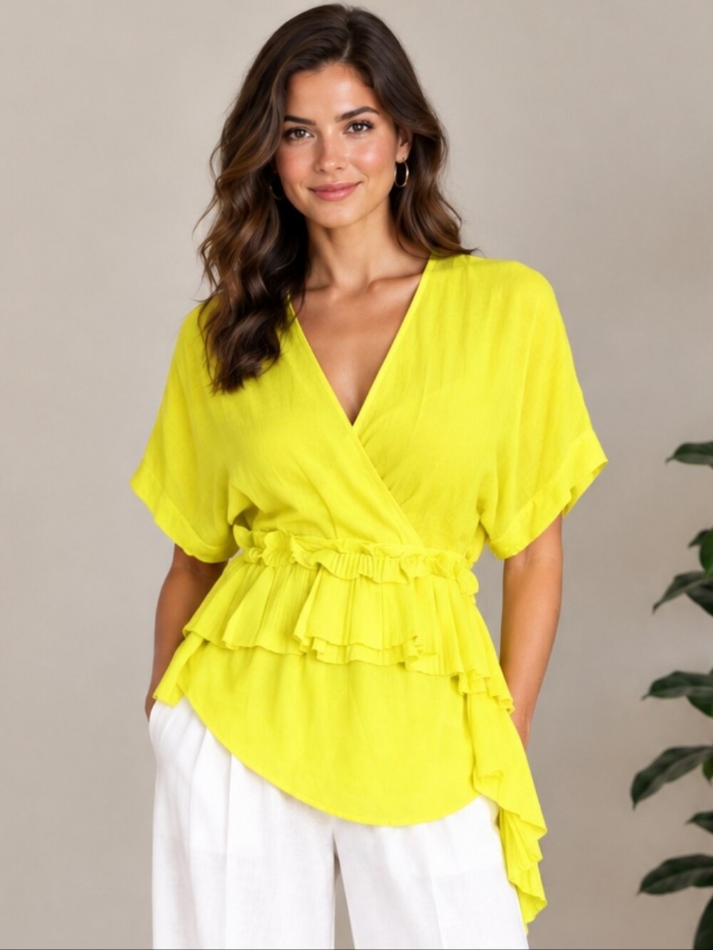 P.A.R.O.S.H. Italian Yellow Pleated-Waist V-Neck Women's Top